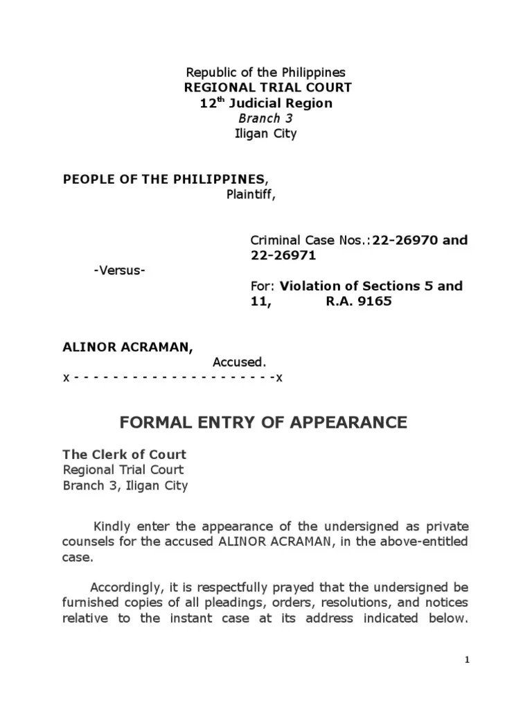 Formal Entry of Appearance Sample Download Free PDF Public Law