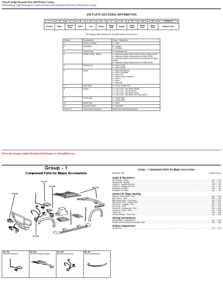 Chrysler Dodge Plymouth Neon 2005 PL Parts Catalog | PDF | Dodge