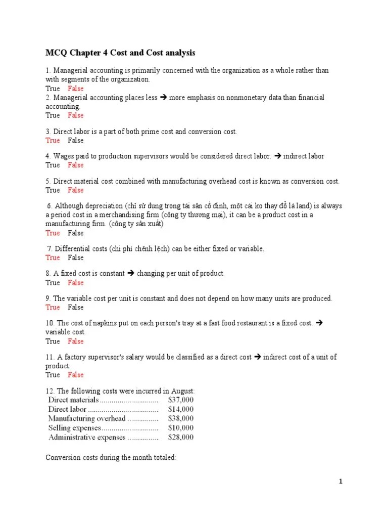 MCQ Cost and Cost Analysis PDF Cost Management Accounting