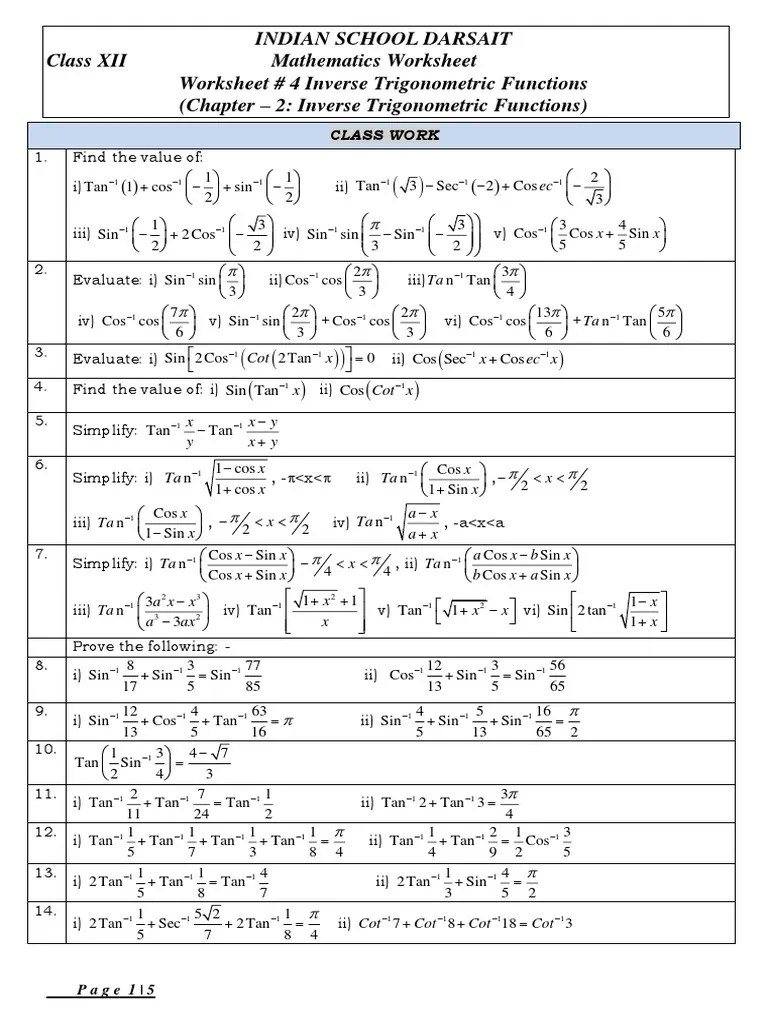 Worksheet 4 Inverse Trigo Functions | PDF