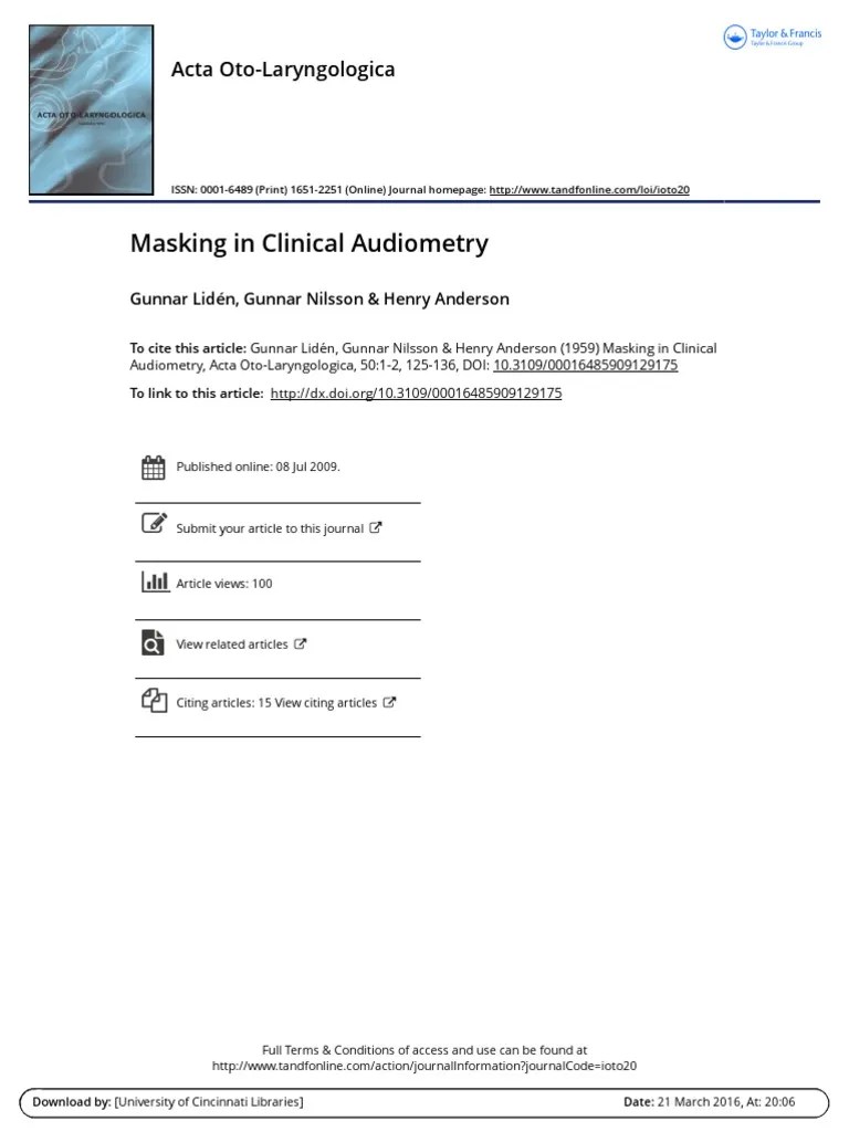 Masking in Clinical Audiometry Acta OtoLaryngologica PDF
