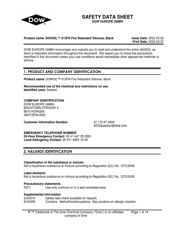 SDS DOWSIL™ 813FR Fire Retardant Siliconemin PDF Firefighting