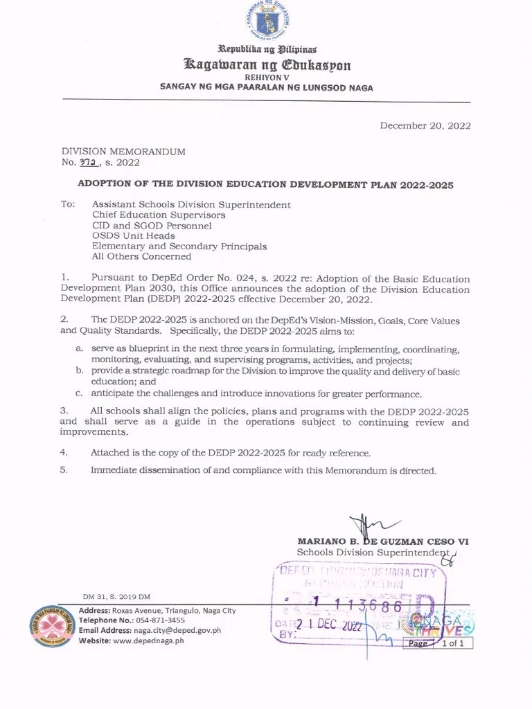DM No. 372, S. 2022 Adoption of The Division Education Development Plan