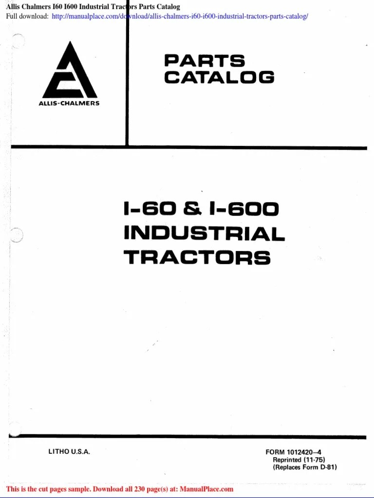 Allis Chalmers I60 I600 Industrial Tractors Parts Catalog PDF