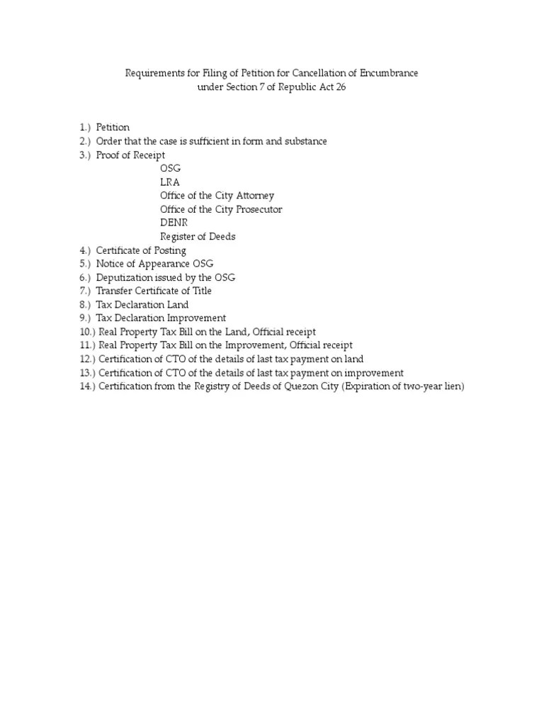 Requirements For Filing of Petition For Cancellation of Encumbrance PDF