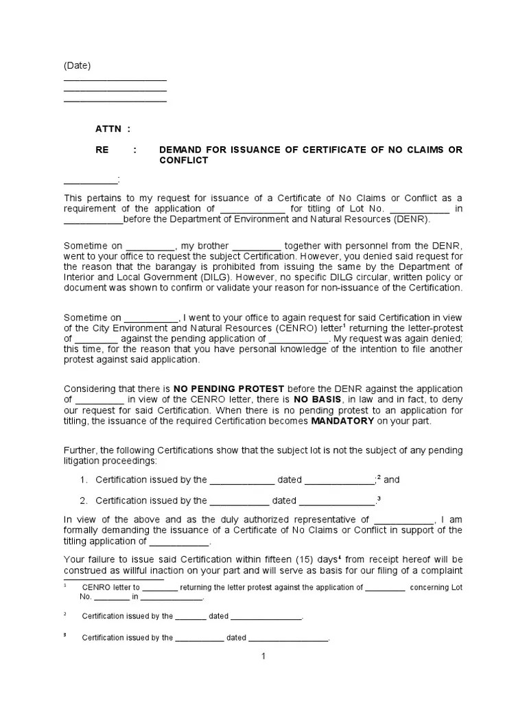 Sample Demand Letter Issaunce of Certificate of No Claims PDF