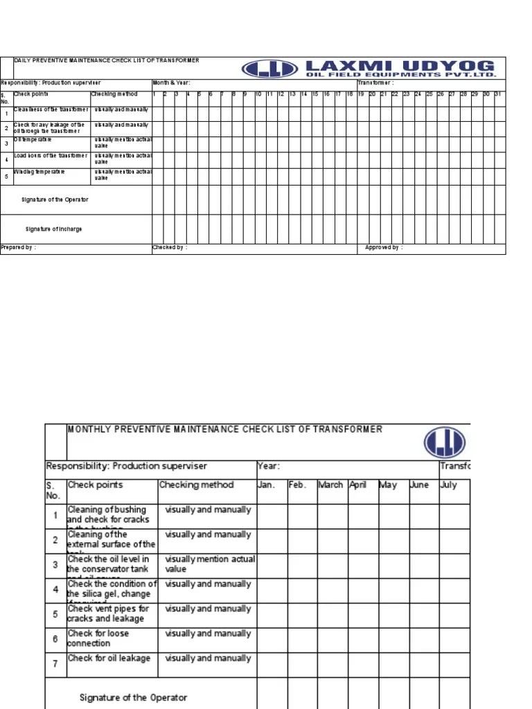 Transformer Preventive Maintenance Checklist PDF Transformer