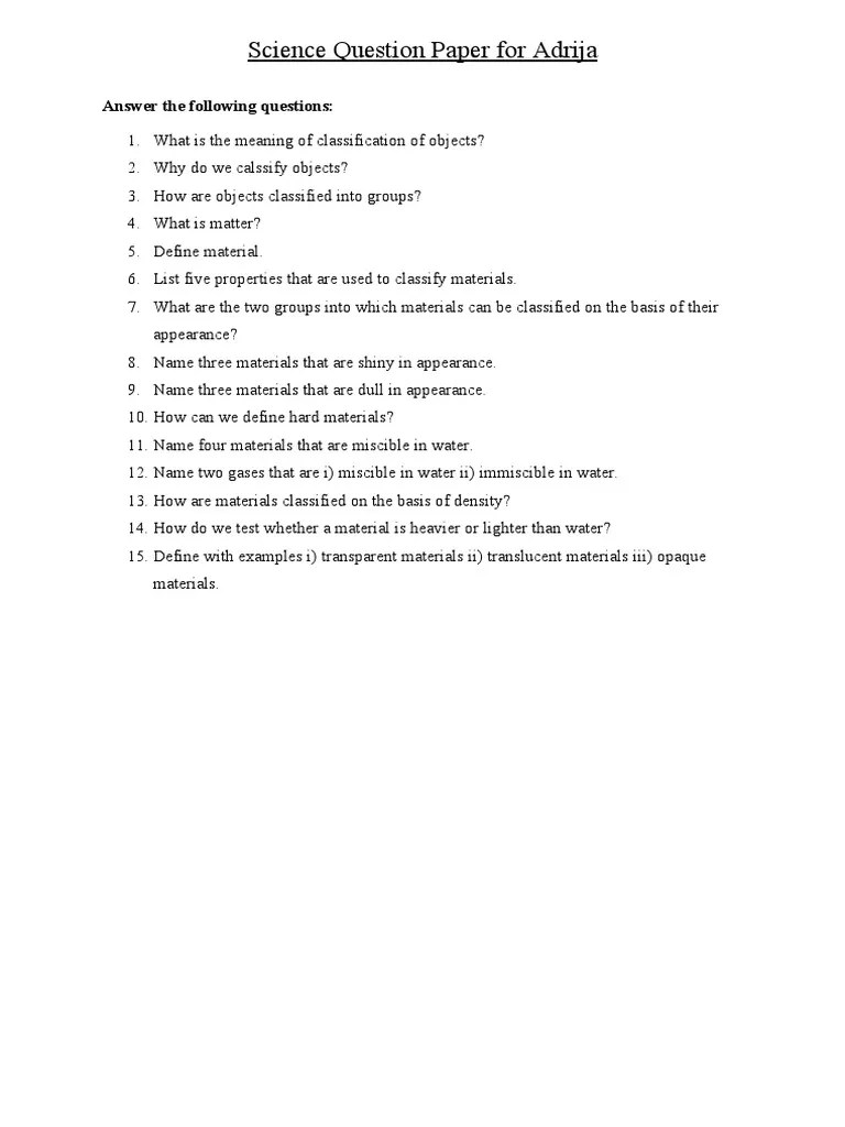 Questions on Sorting Materials Into Groups PDF