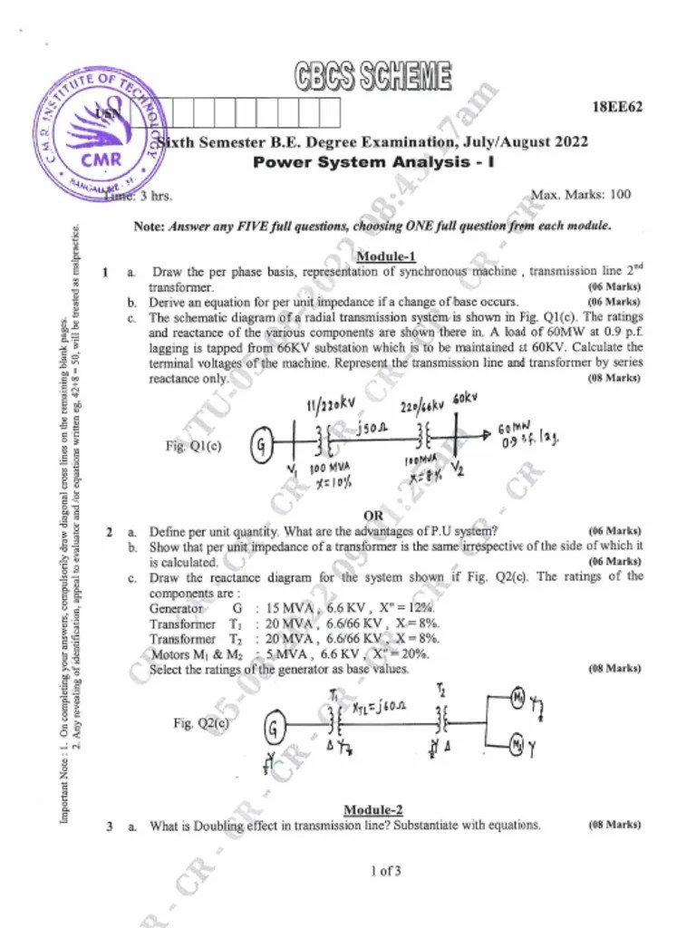 VTU Question Paper of 18EE62 Power System Analysis I June2022 PDF