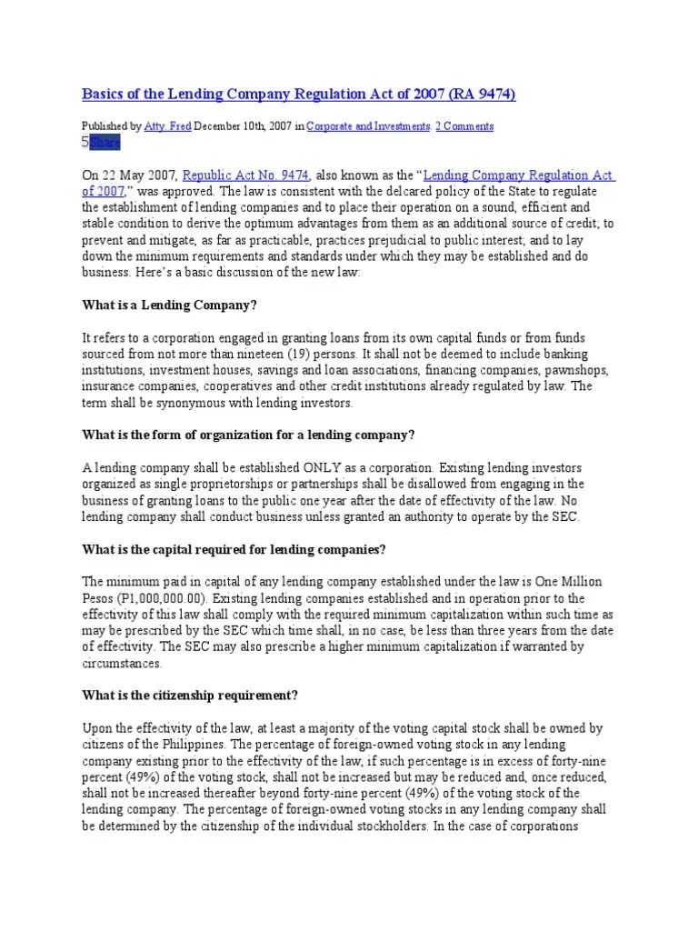 Basics of The Lending Company Regulation Act of 2007 Download Free