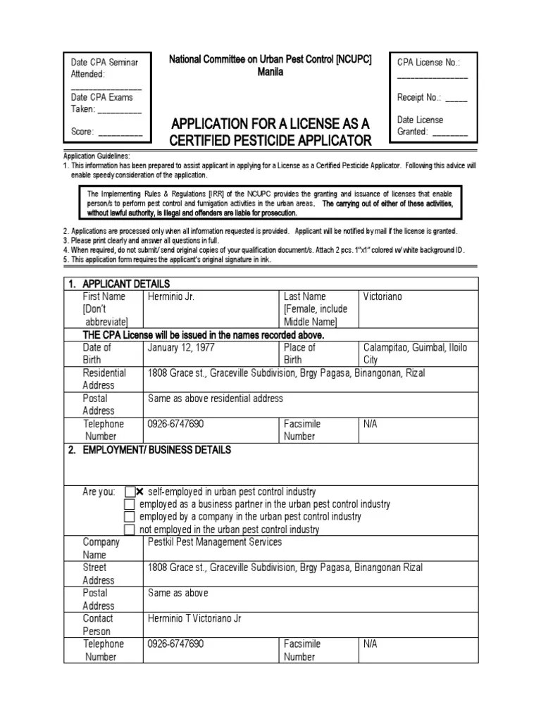 Application Guide For A License As A Certified Pesticide Applicator
