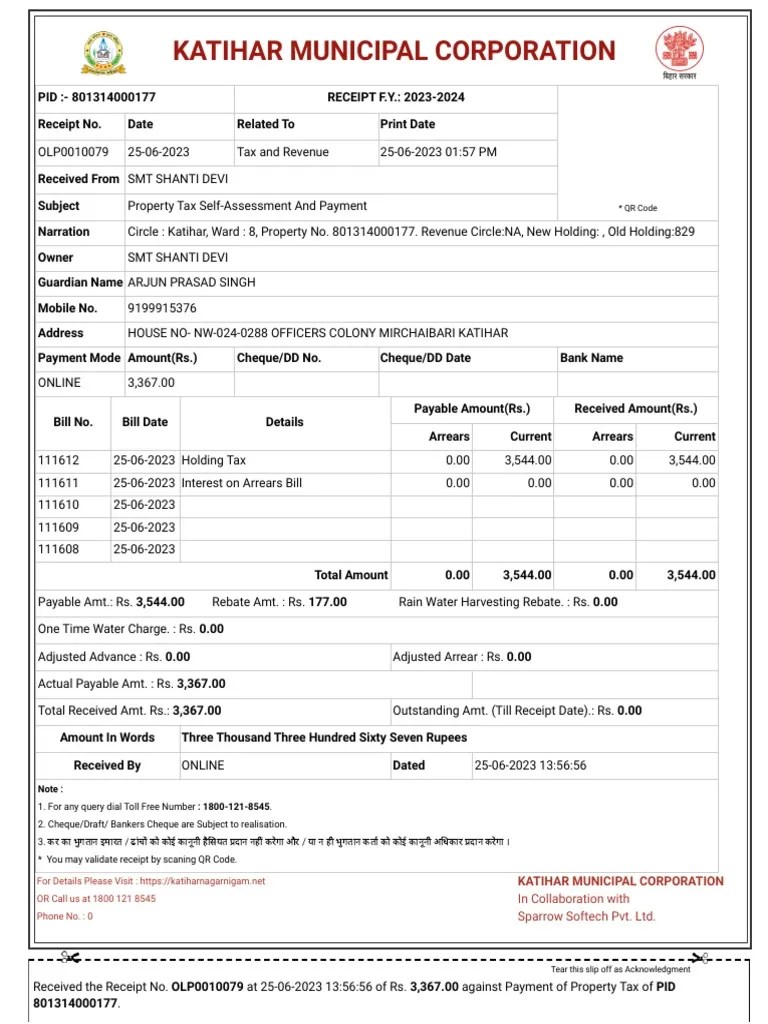 Property Tax Payment Receipt PDF Receipt Cheque