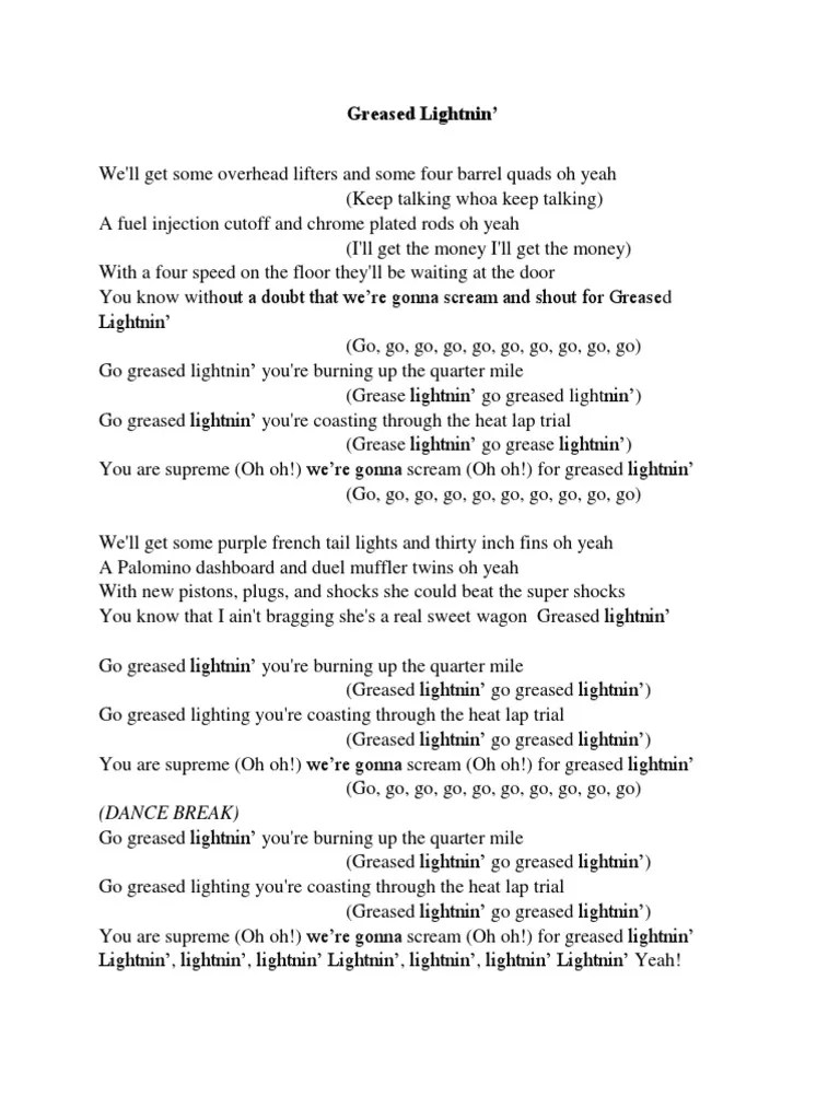 Greased Lightning Lyrics PDF
