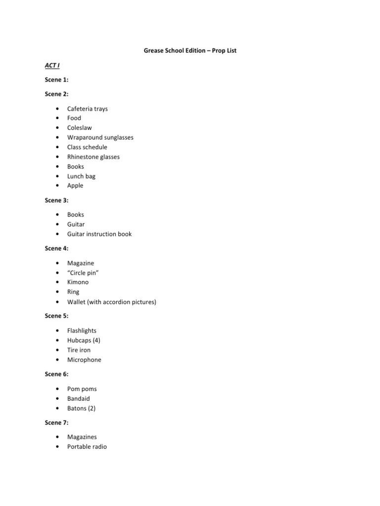 Grease School Edition Prop List PDF