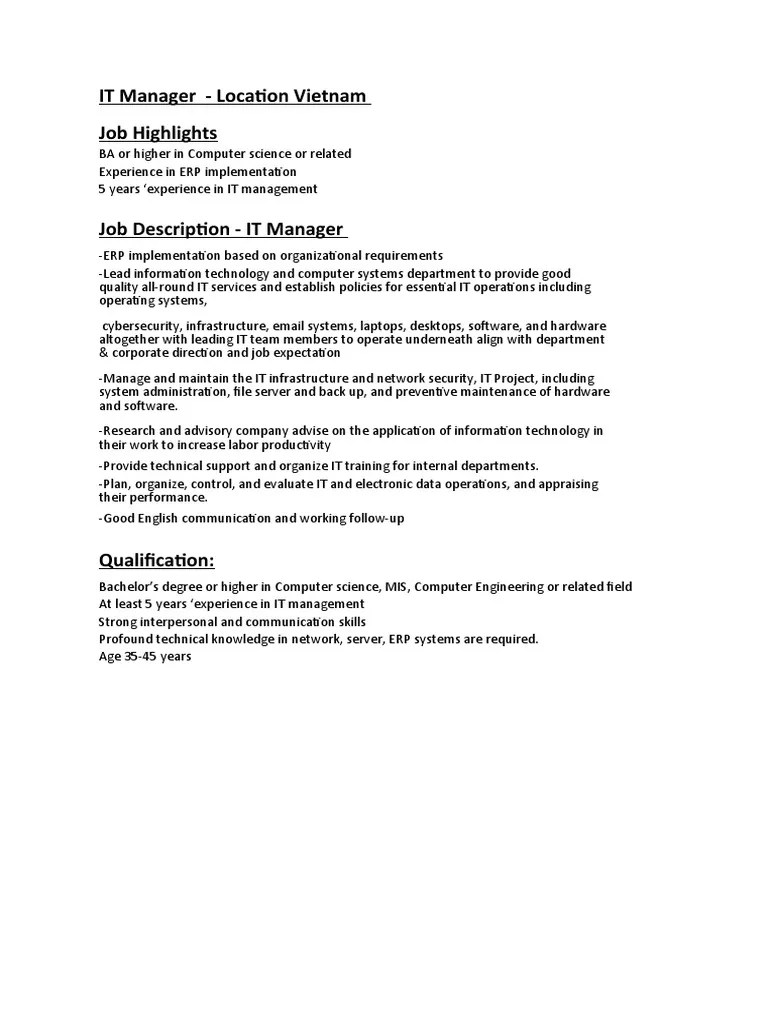 Job Description IT Manager PDF