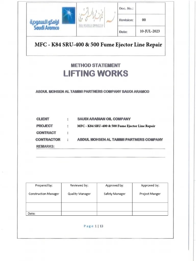 Method Statement Lifting Works For SRU PDF