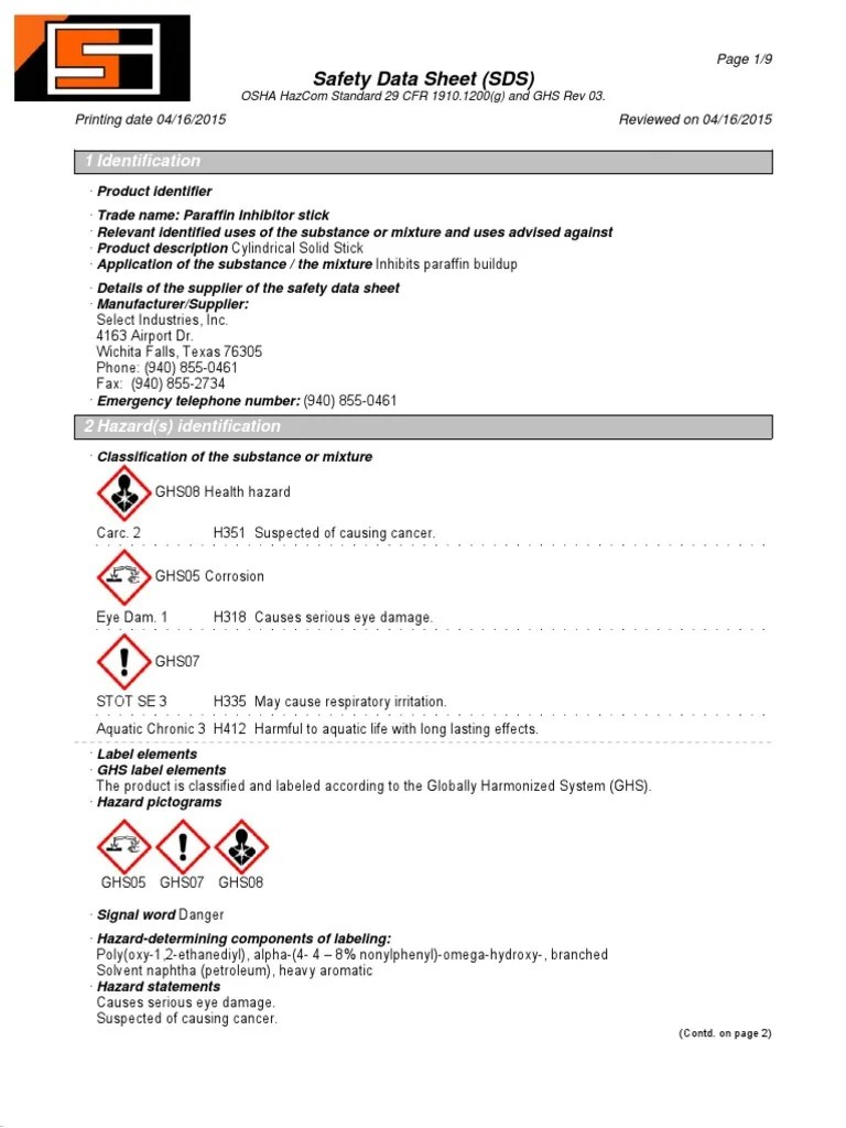 Paraffin Inhibitor Stick Sds PDF Dangerous Goods Occupational