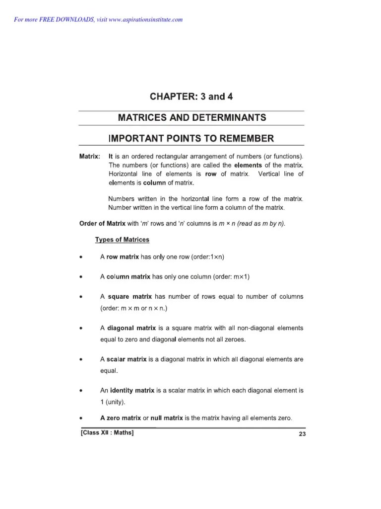 CBSE Class 12 Maths Matrices Determinants Notes Question Bank PDF