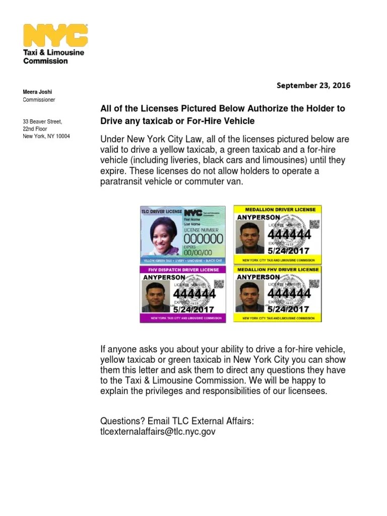 Official TLC Driver License Letter PDF