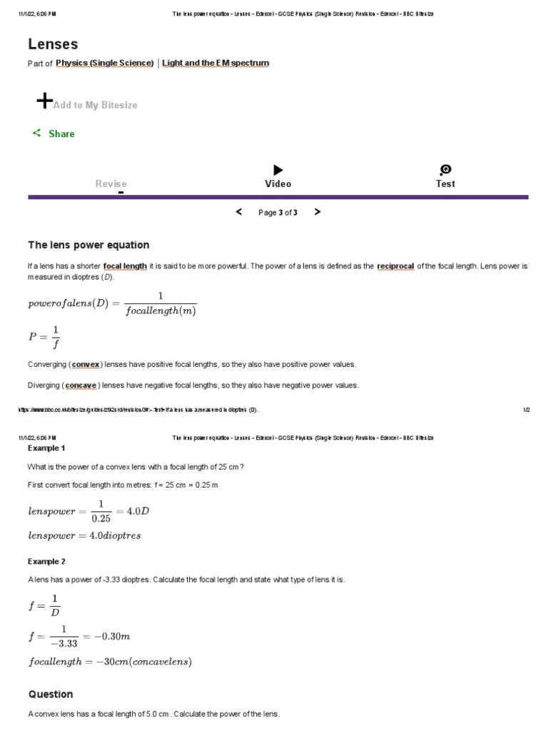 The Lens Power Equation Lenses Edexcel GCSE Physics (Single