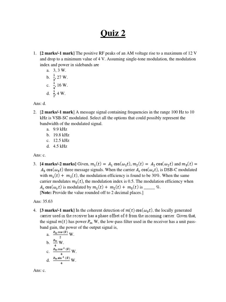 Quiz 2 PDF Bandwidth (Signal Processing) Modulation