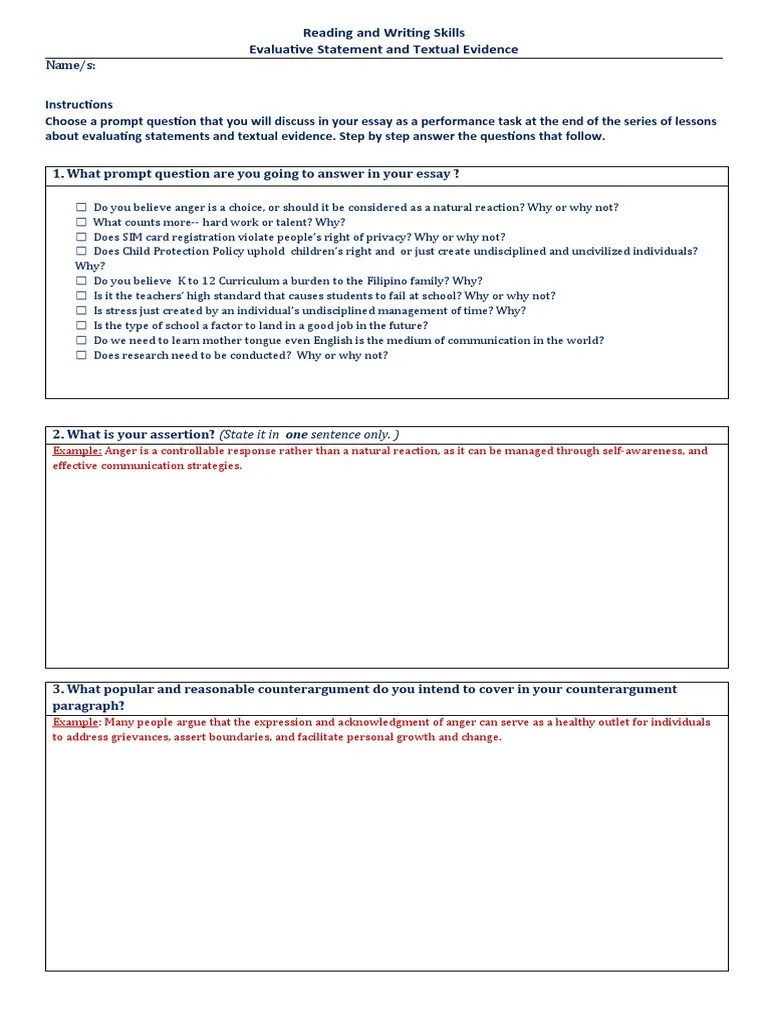 Evaluative Statement and Textual Evidence Reading and Writing Skills