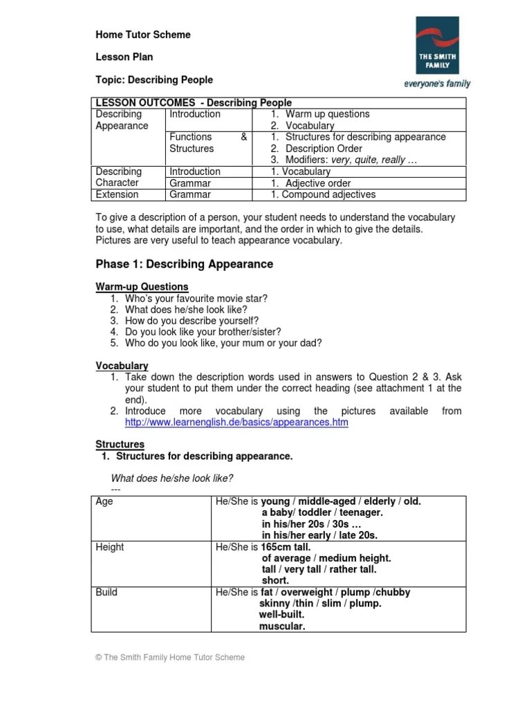 Lesson Plan Describing People PDF Adjective Beard