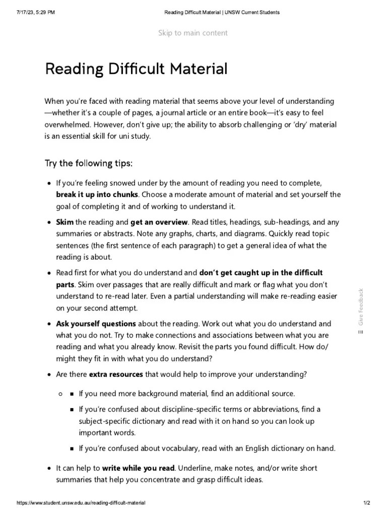 1c. Reading Difficult Material UNSW Current Students PDF