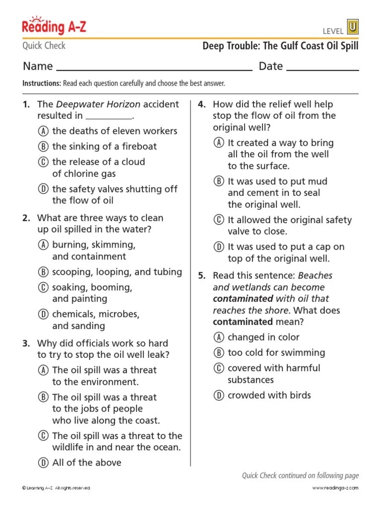 Deep Trouble Oil Spills Quiz PDF Oil Spill Deepwater Horizon