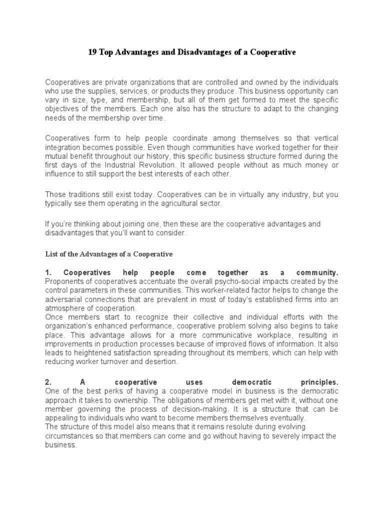 19 Top Advantages and Disadvantages of A Cooperative PDF