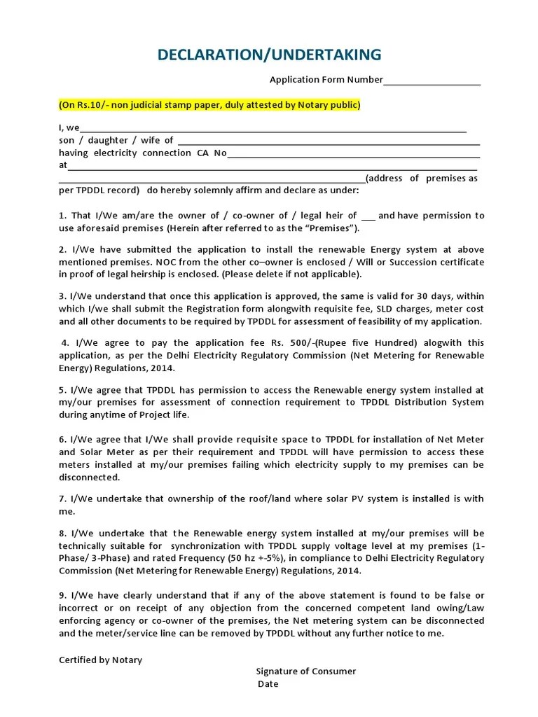 TPDDL Net Metering Declaration Form PDF Renewable Energy