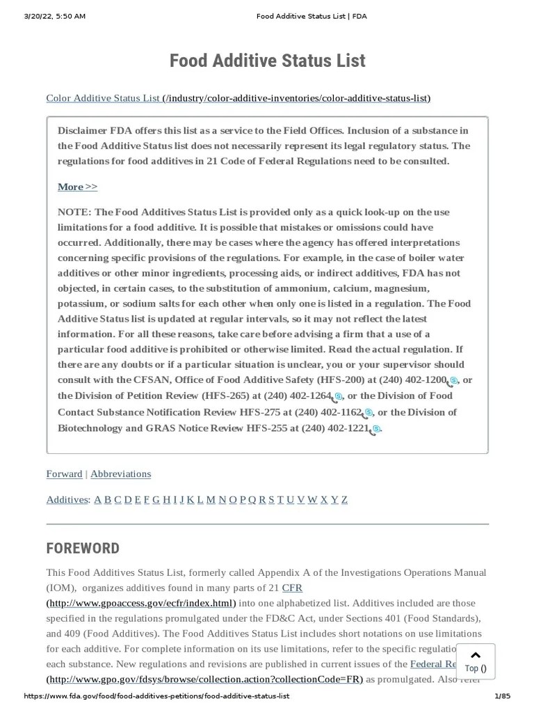 Food Additive Status List FDA PDF Food And Drug Administration