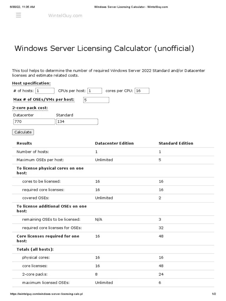 Windows Server Licensing Calculator PDF Operating System X86
