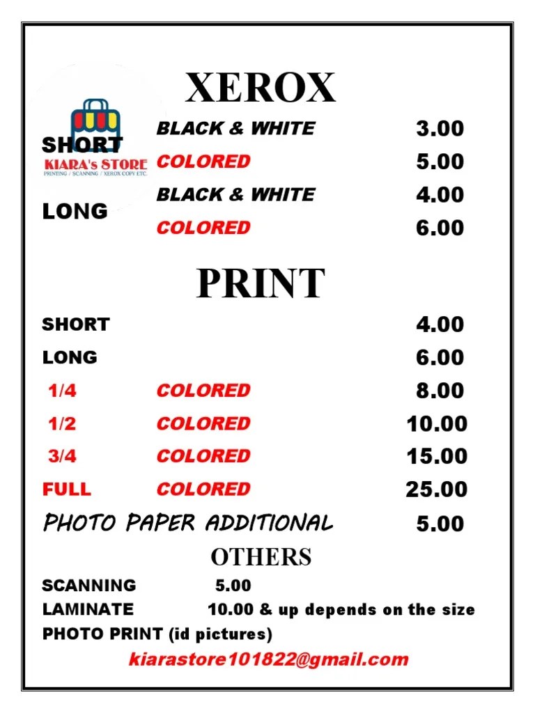 XEROX PRICES PDF