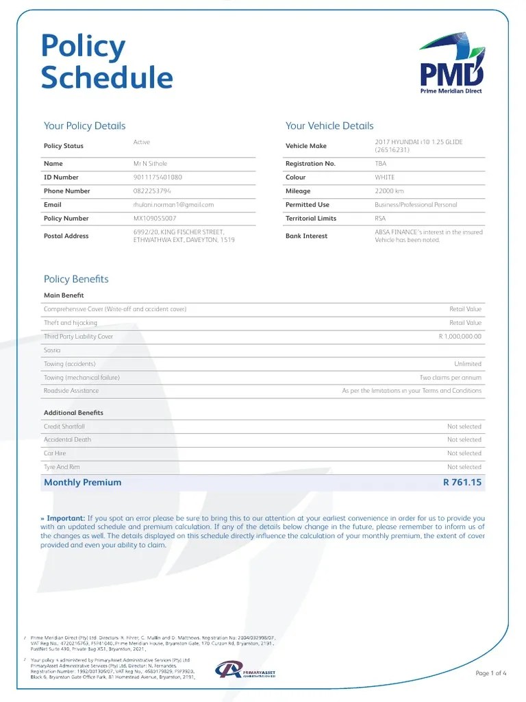 Policy Schedule PDF Insurance Debits And Credits