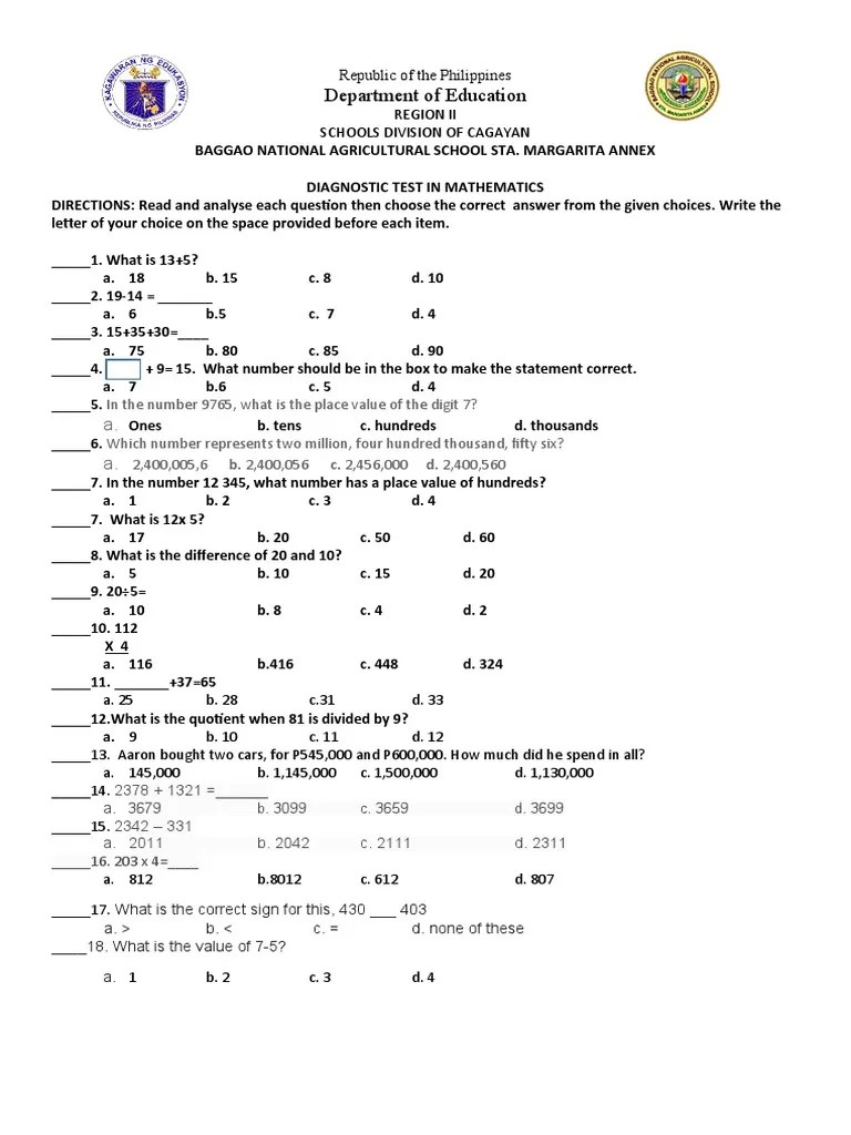 Math Diagnostic Test PDF Mathematics