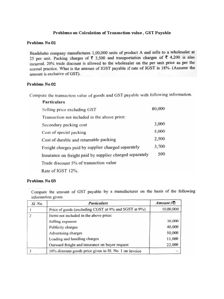 Problems On Transaction Value & GST Payable PDF
