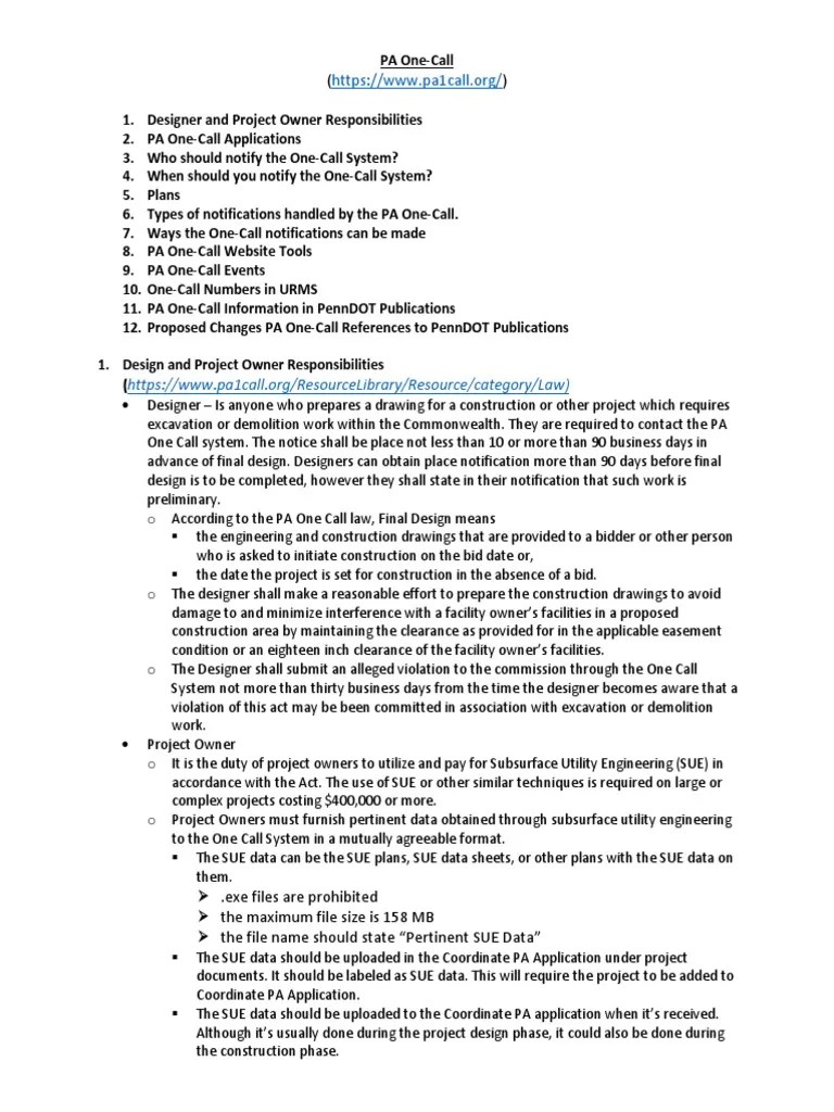 PA One Call Information PDF World Wide  & 
