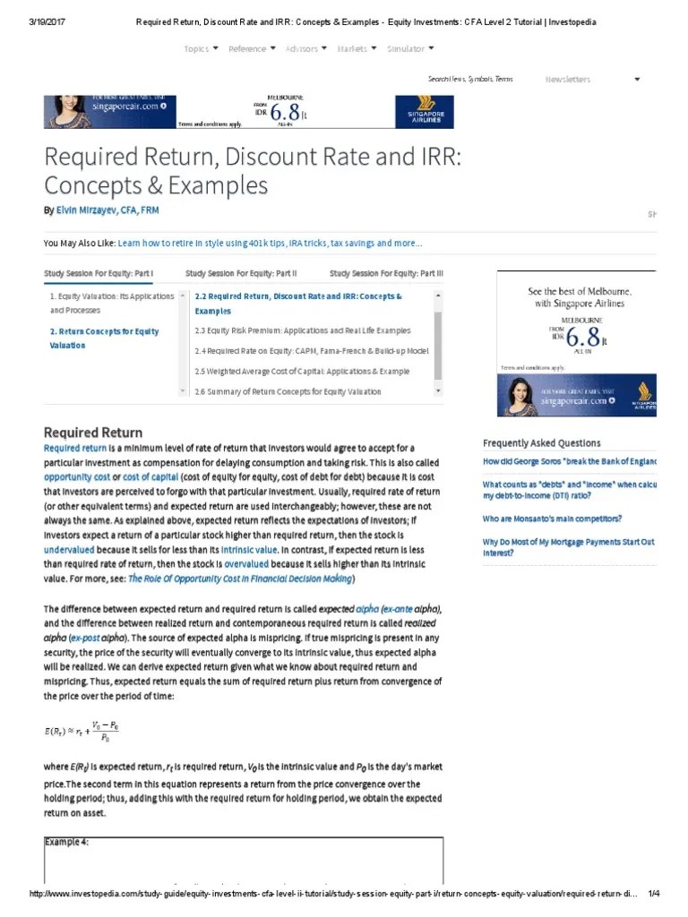 Required Return, Discount Rate and IRR Concepts & Examples Equity
