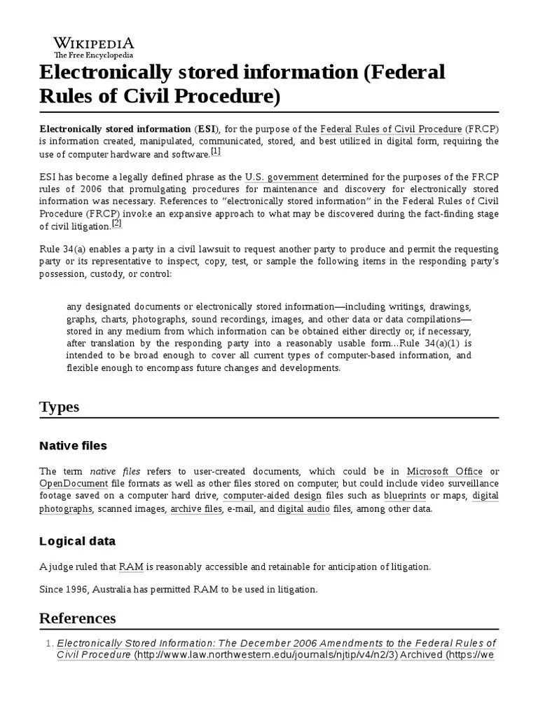 Electronically Stored Information (Federal Rules of Civil Procedure
