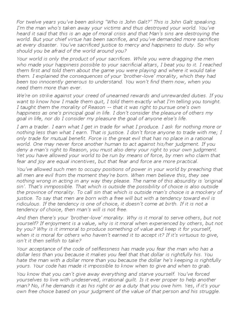 John Galt's Speech From Atlas Shrugged Evil Morality