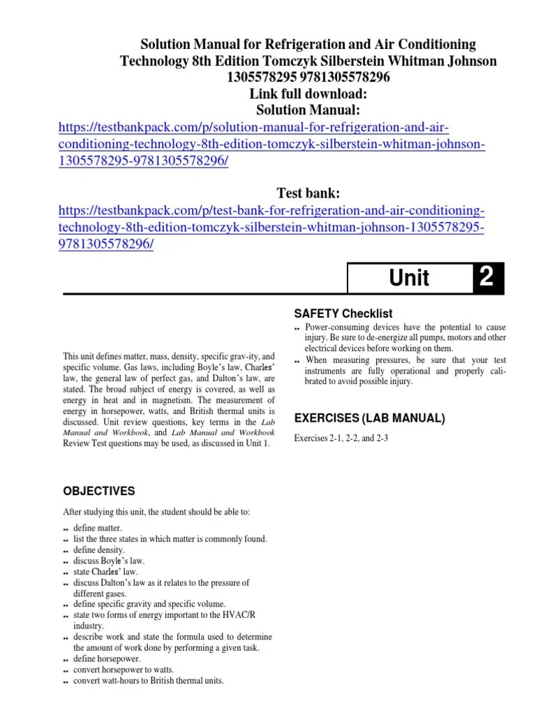 Refrigeration and Air Conditioning Technology 8th Edition Tomczyk