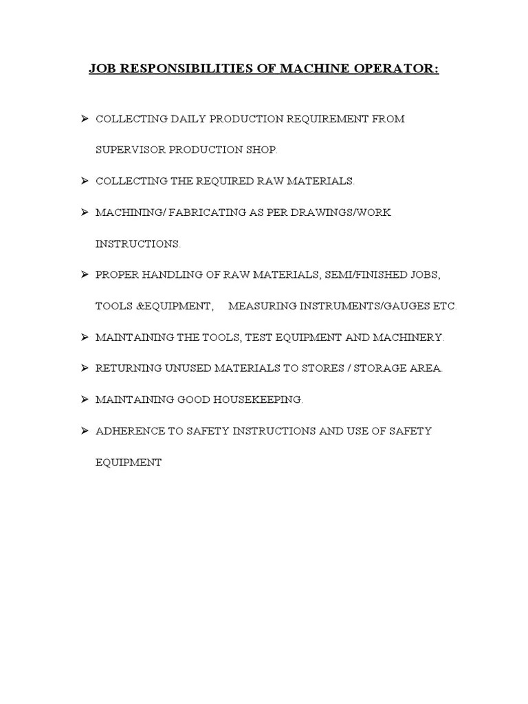 Job Responsibilities of Machine Operator PDF
