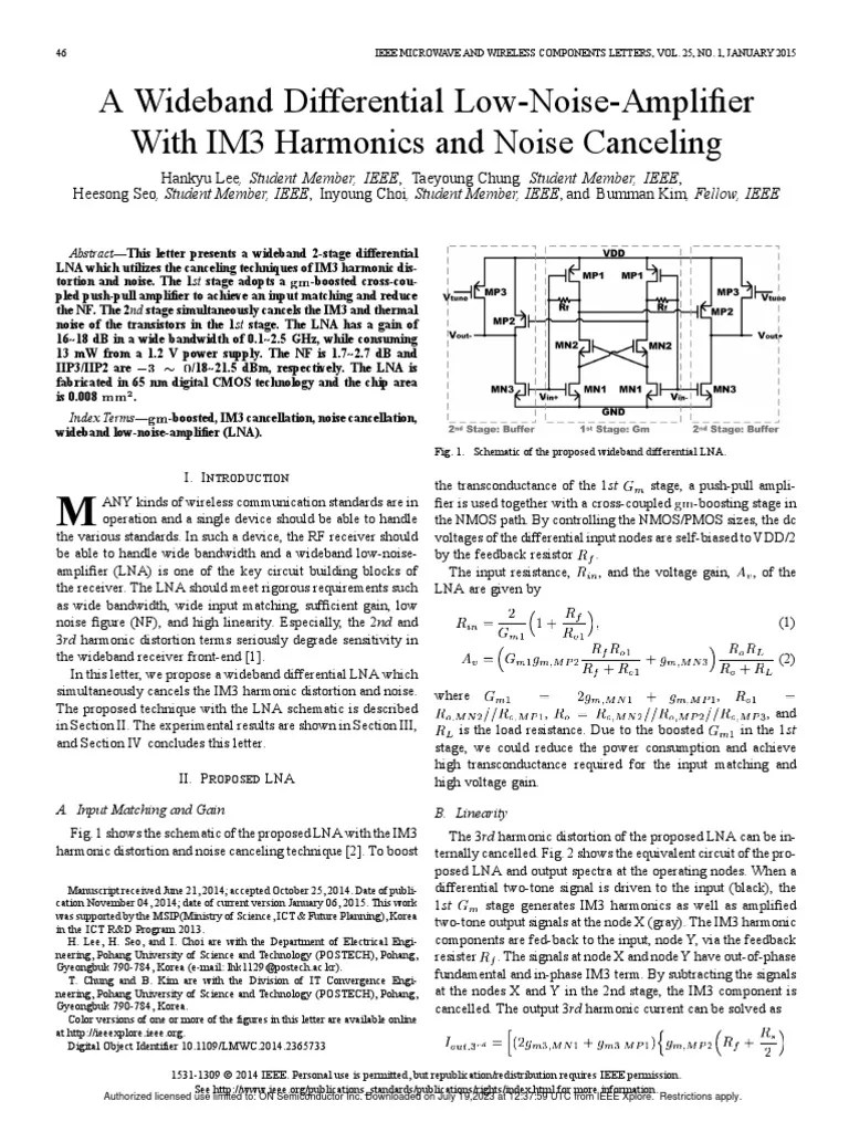 A Wideband Differential LowNoiseAmplifier With IM3 Harmonics and Noise Canceling PDF