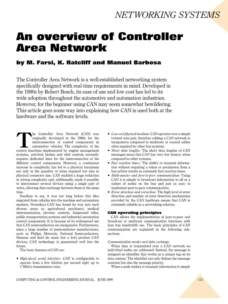 An Overview of Controller Area Network PDF Microcontroller