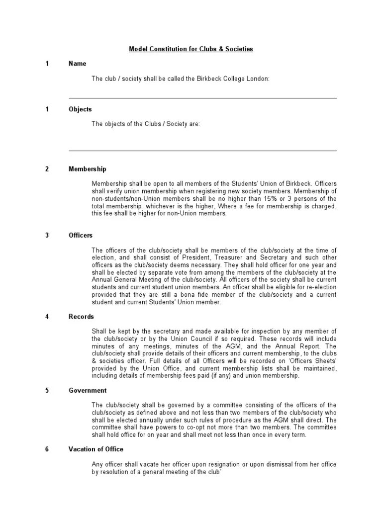 Clubs & Societies Model Constitution Students' Union Constitution
