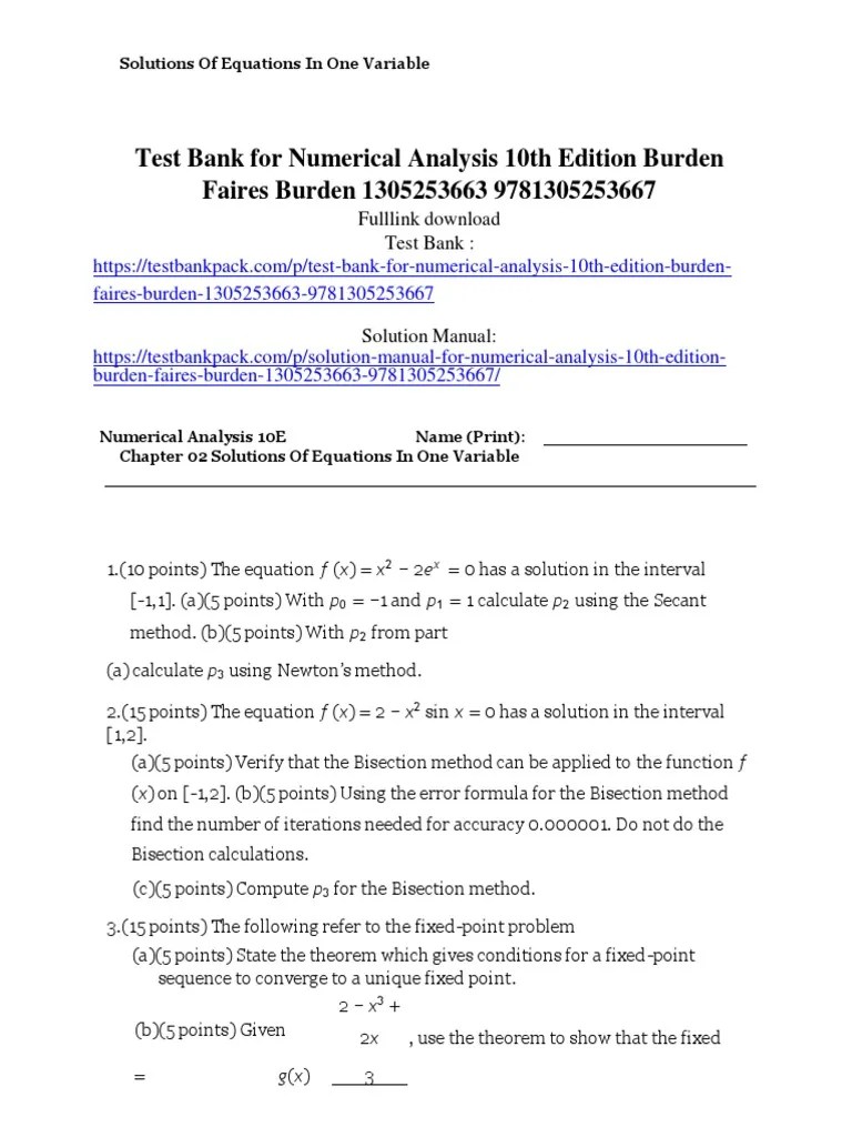 Numerical Analysis 10th Edition Burden Faires Burden Test Bank PDF