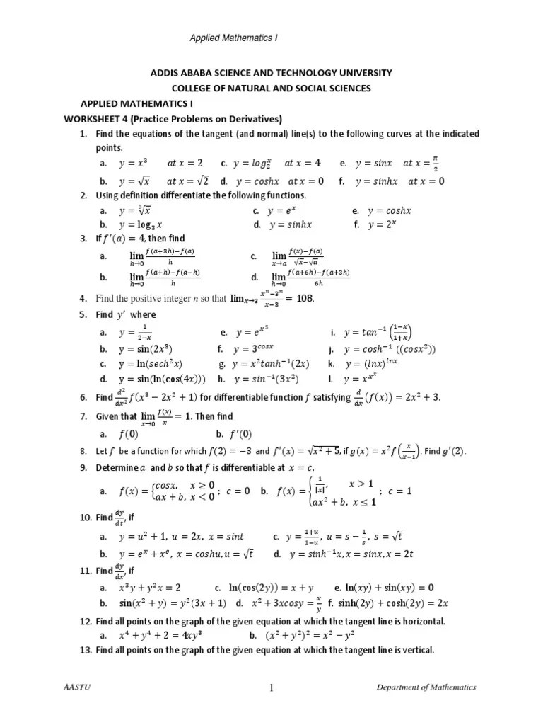 Worksheet 4.... Derivatives PDF