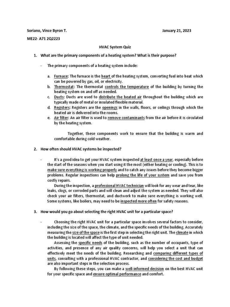 HVAC System Quiz PDF Duct (Flow) Electromechanical Engineering