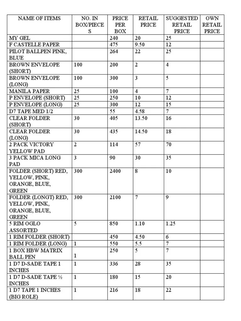 School Supplies Price List PDF Stationery Office Equipment